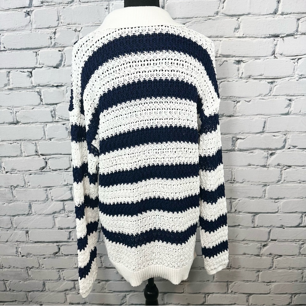 Talbots Open Knit Johnny Collar Pullover Striped Navy White XL Coastal Nautical - Picture 3 of 11